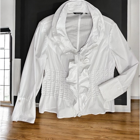 EUC- Samuel Dong- Dbl Zip Smocked Wire Neckline Front Ruffles White Top- M - Picture 3 of 15